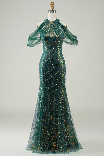 Verde Oscuro Lentejuelas Sirena Vestido de Graduación